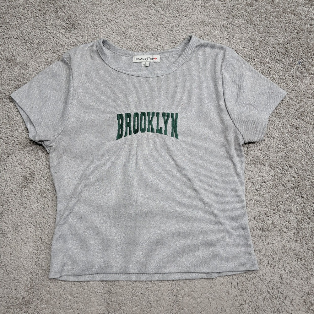 Orange Kiss Womens Brooklyn Embroidered‎ Ribbed Short Sleeve Crop Top Gray Large